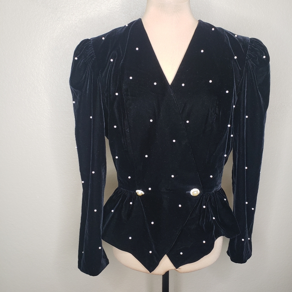 Patra Black Velvet Pearl Embellished Puff Shoulder Top Blazer Jacket Large